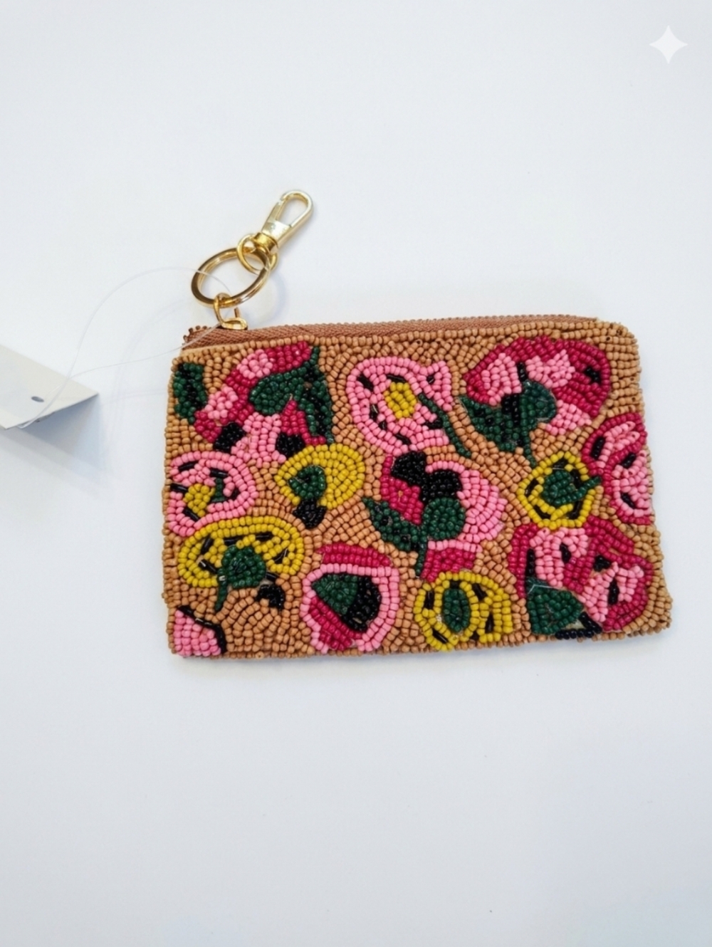 On 34th Beaded Floral Zip Coin Purse Keychain‎ - Pink & Tan Nwt